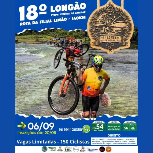 Banner do Evento 18º Longão: Etapa Vitória do Jari - Rota da Filial Limão - 140km | 1.300m