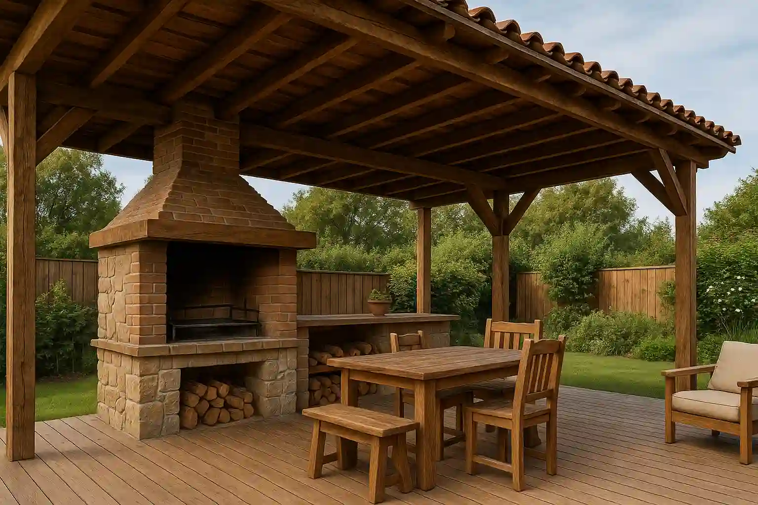 Quincho rústico de madera y parrilla