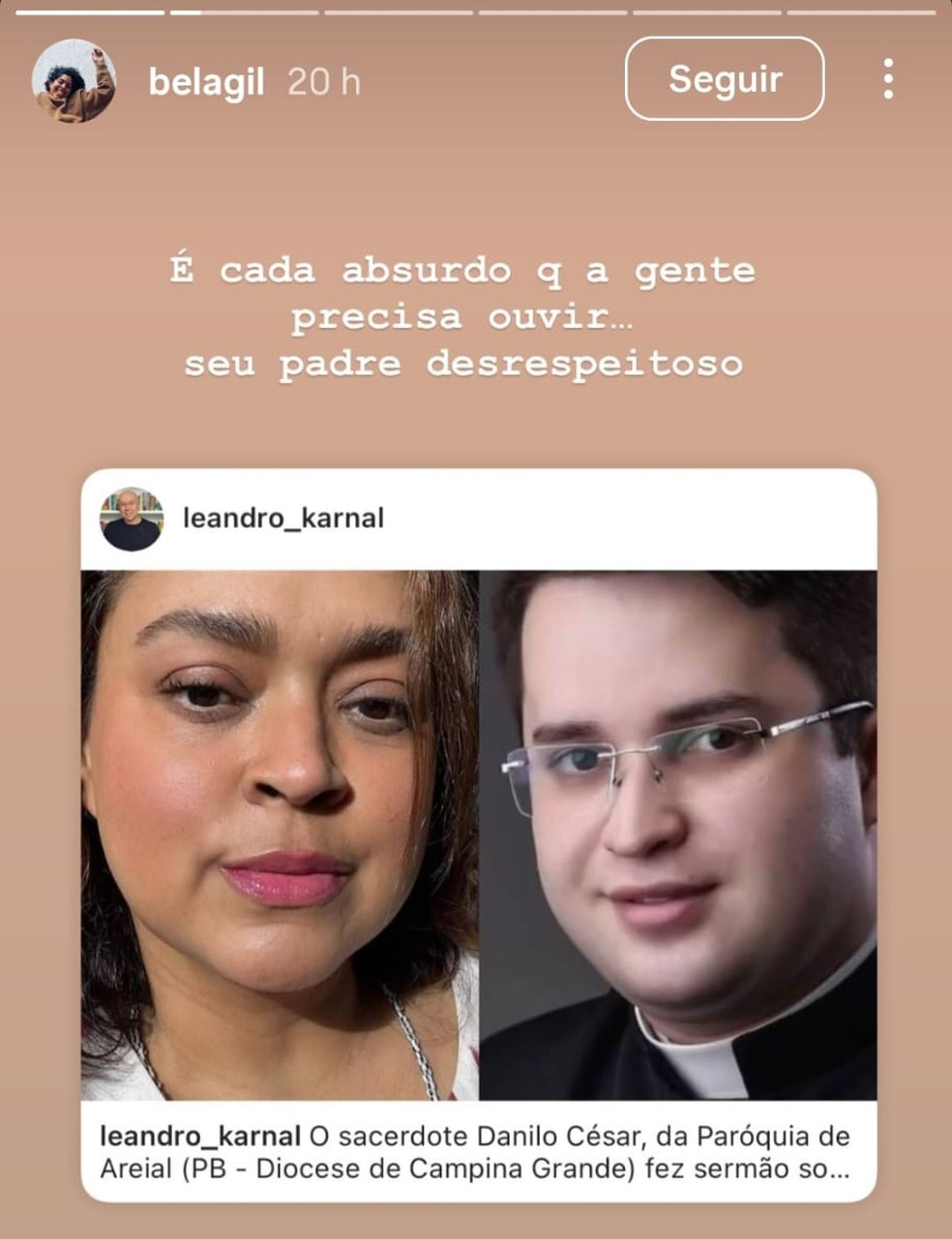 Bela Gil critica padre por intolerância religiosa e classifica como 'absurdo'