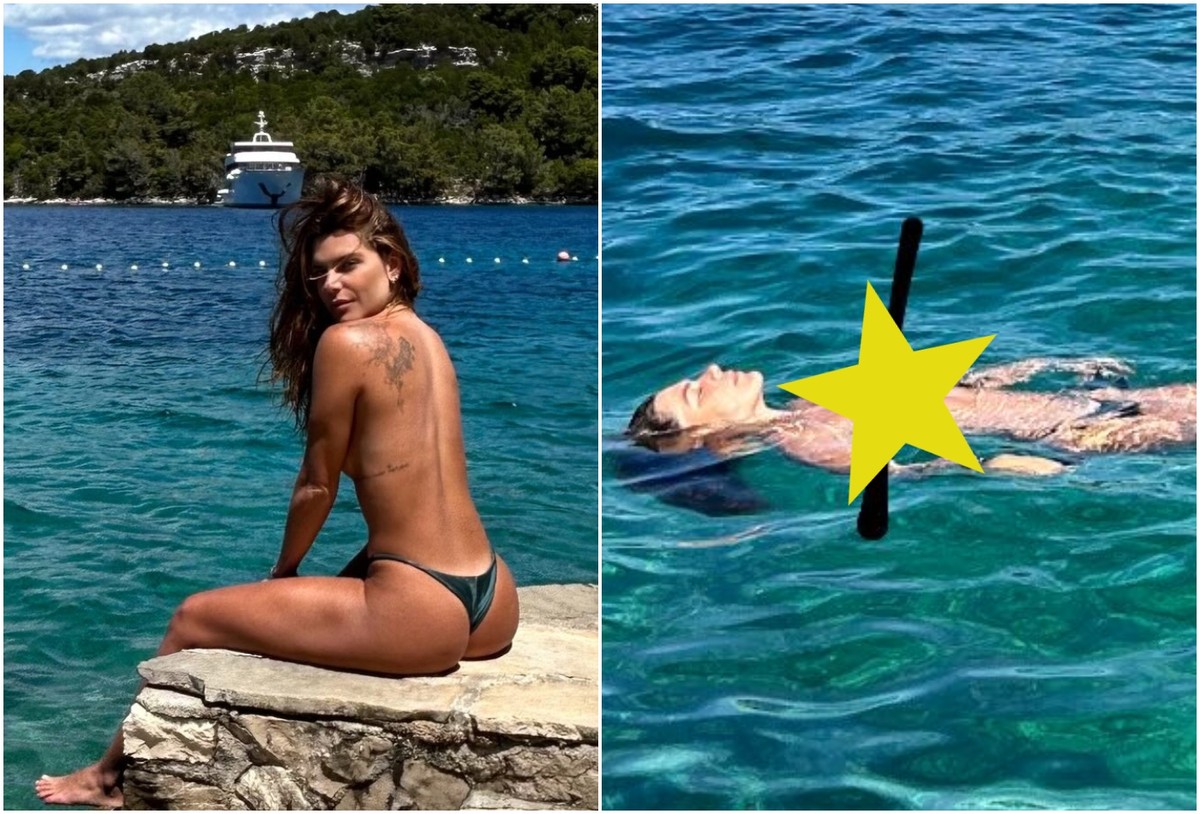 Mariana Goldfarb exibe beleza ao nadar topless em mar da Croácia durante verão europeu