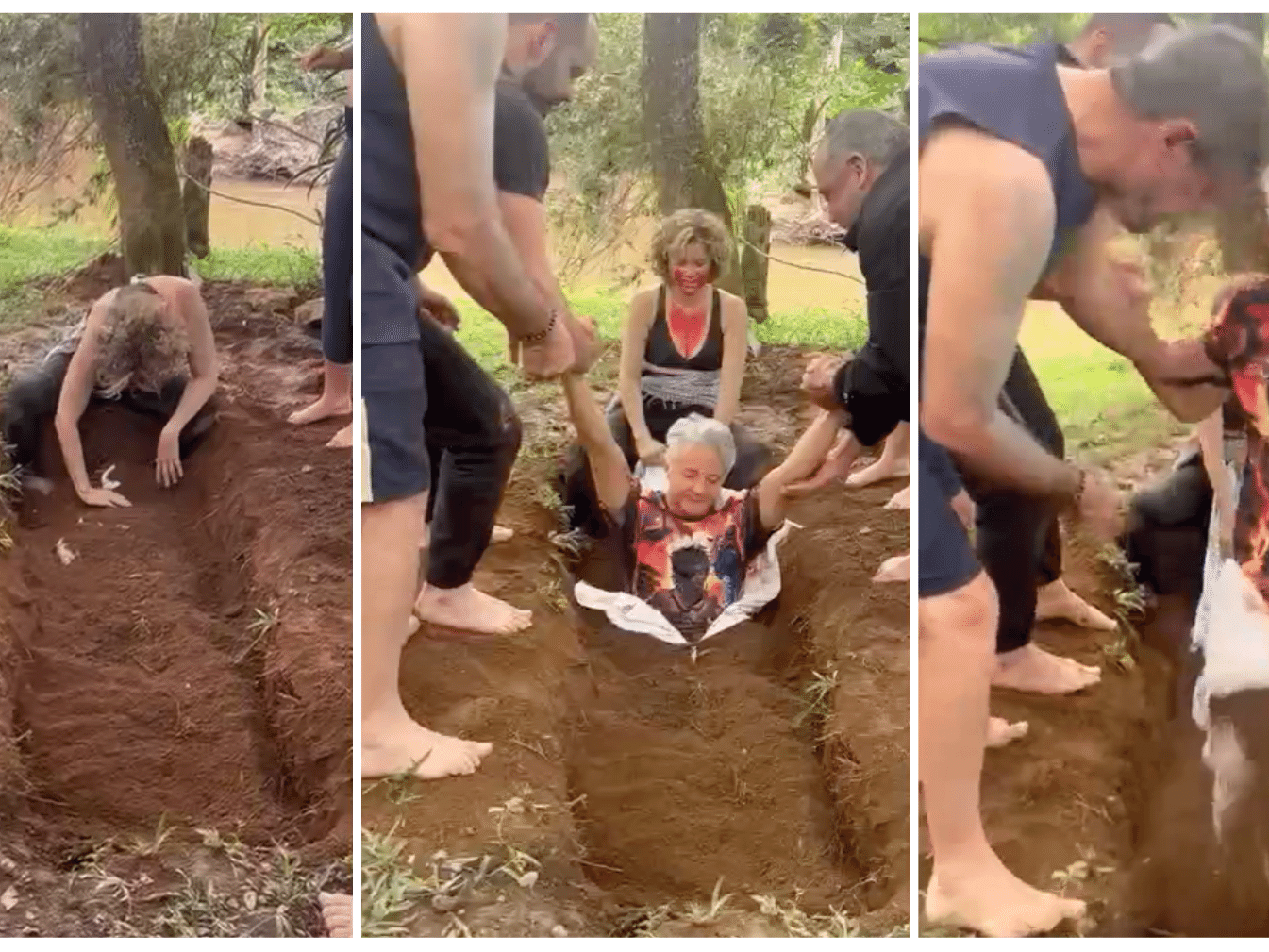 Participante é retirado da terra após vivência de renascimento simbólico no retiro da Casa Semente. (Foto: Reprodução/Instagram)