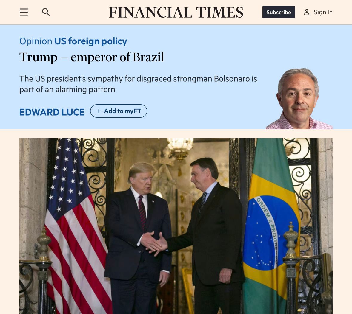 Financial Times destaca Trump como 'imperador do Brasil' em apoio a Lula
