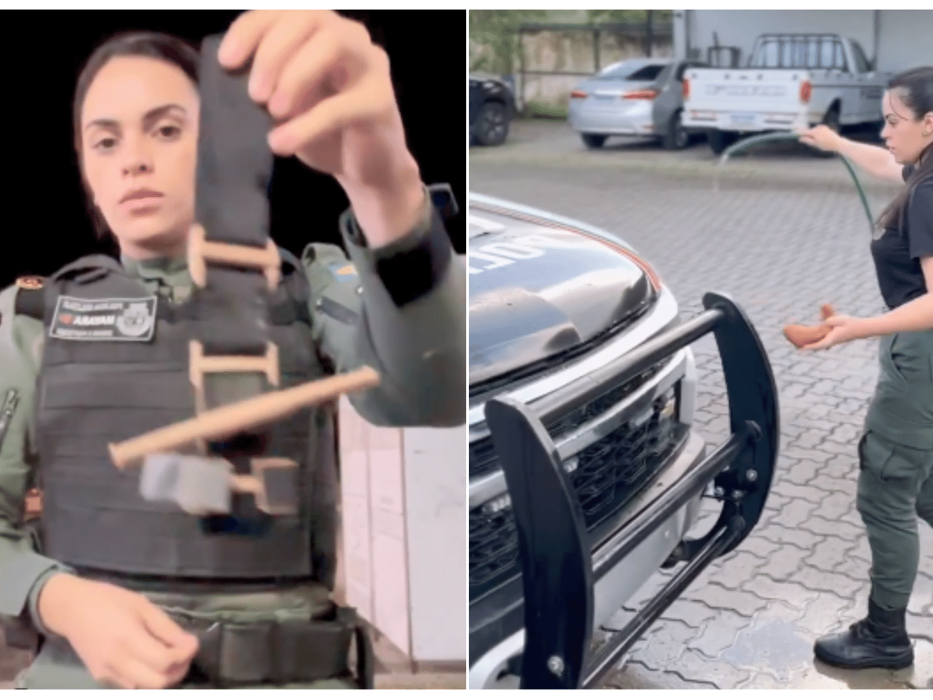 A soldado ensina aos seguidores como usar um torniquete e aparece lavando uma viatura no quartel (Foto: Reprodução/Redes Sociais)
