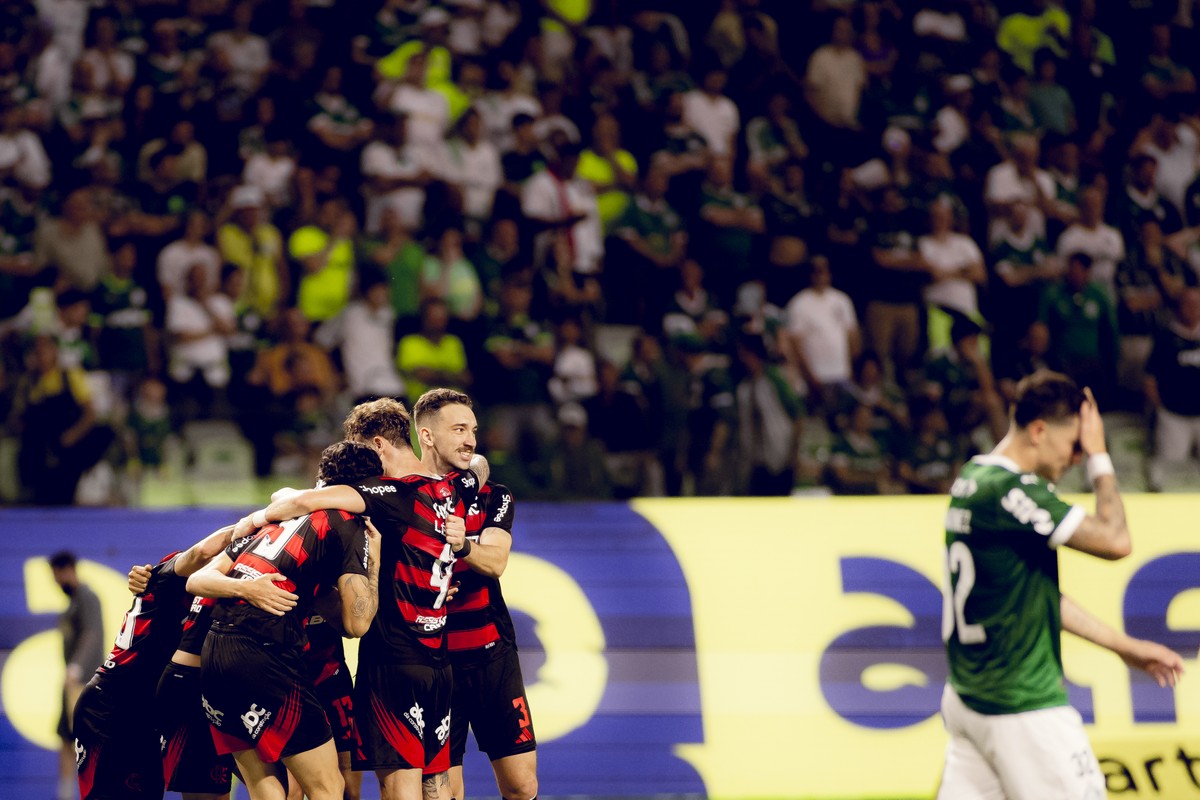 Jogadores do Flamengo comemoram gol marcado por Ayrton Lucas contra o Palmeiras. (Foto: Adriano Fontes/Flamengo)