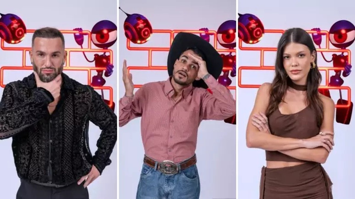 Diego Hypolito, João Gabriel e Vitória Strada estão no paredão desta semana do BBB 25 (Foto: Reprodução)