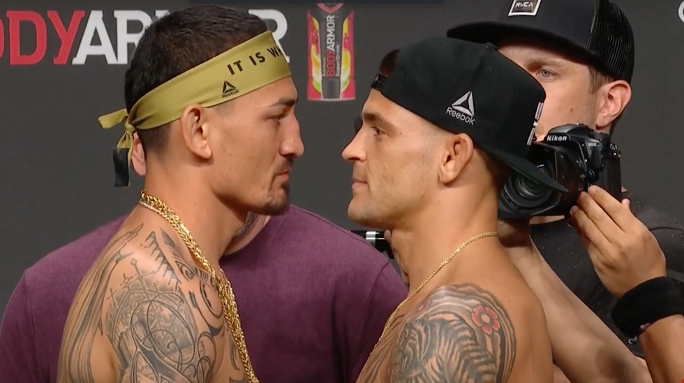Holloway (esq.) e Poirier (dir.) fizeram a luta principal do UFC 236. (Foto: Reprodução / YouTube)