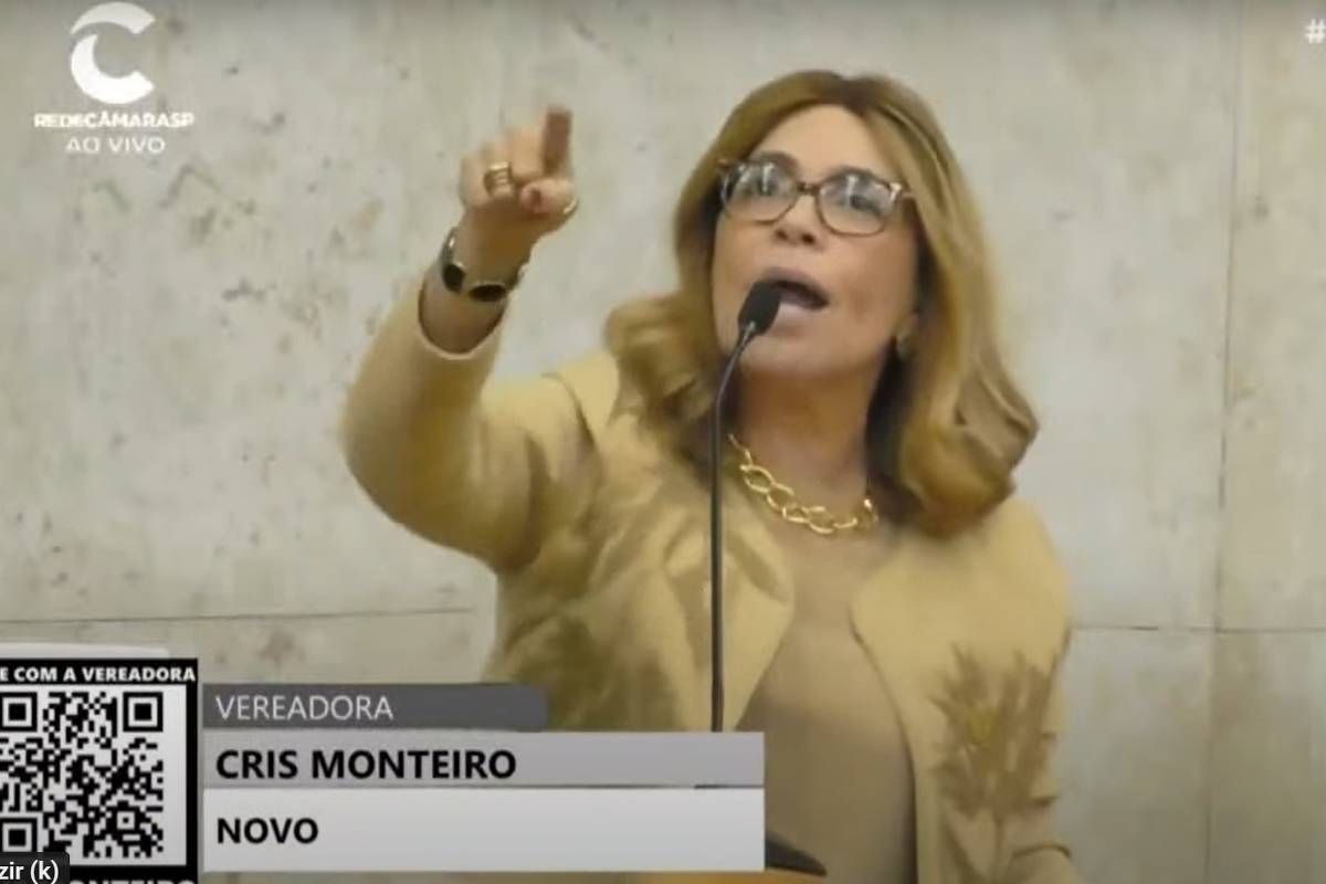 A vereadora Cris Monteiro (Novo) durante fala na sessão da Câmara em 29 de abril. "Uma mulher branca, bonita e rica incomoda muito vocês". (Foto: Reprodução TV Câmara)