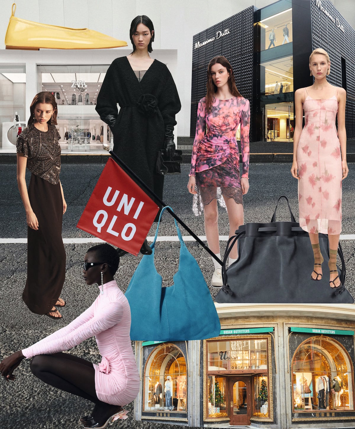 Tiendas de Zara em Valencia e de Massimo Dutti em Cidade do México, bailarinas de Arket, vestido de Zara Limited Edition, abrigo de Massimo Dutti Studio, design de Desigual x Collina Strada, vestido de Mango Selection. Abaixo, modelo da colaboração de Magda Butrym e H&M, bolsas de ante azul de & Other Stories e de ante cinza de Cos. Abaixo, a abertura de Urban Outfitters na Gran Vía de Madrid. (Foto: CORTESÍA DE LAS FIRMAS, LAUNCHMETRICS.COM)