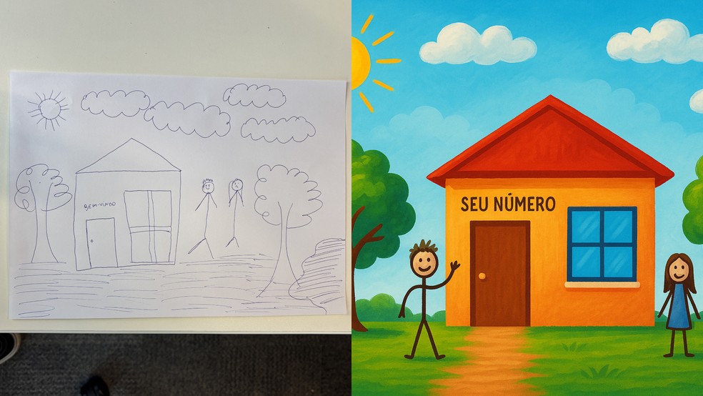 Desenho simples feito à mão e o resultado da arte digital ao lado gerado pelo ChatGPT. (Foto: Reprodução)