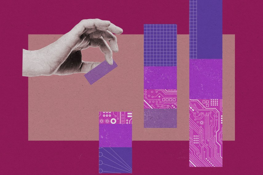 Mão colocando tiras de papel com padrões de gráfico e circuito - MIT Technology Review (Foto: Getty)