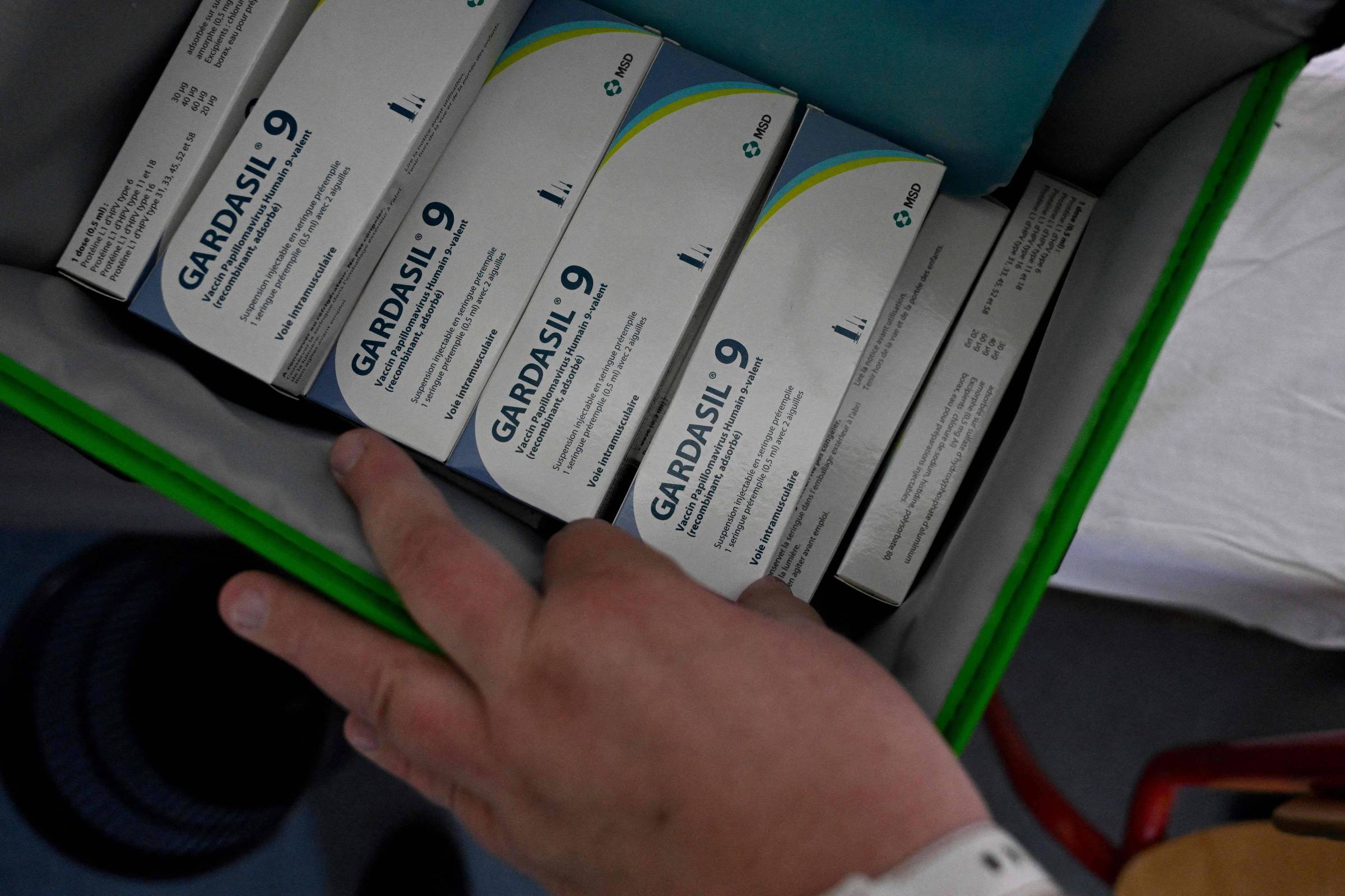 Caixas da Gardasil 9, vacina nonavalente contra o HPV, disponível no Brasil desde 2023. (Foto: Damien Meyer - AFP)