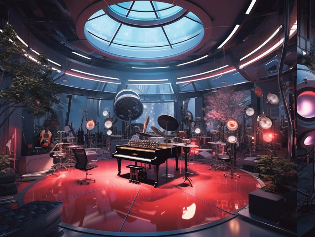 Ilustração criada pelo Midjourney em pedido que incluía “um estúdio de música com instrumentos high-tech e equipamentos desenvolvidos com IA” (Foto: Reprodução/Midjourney)