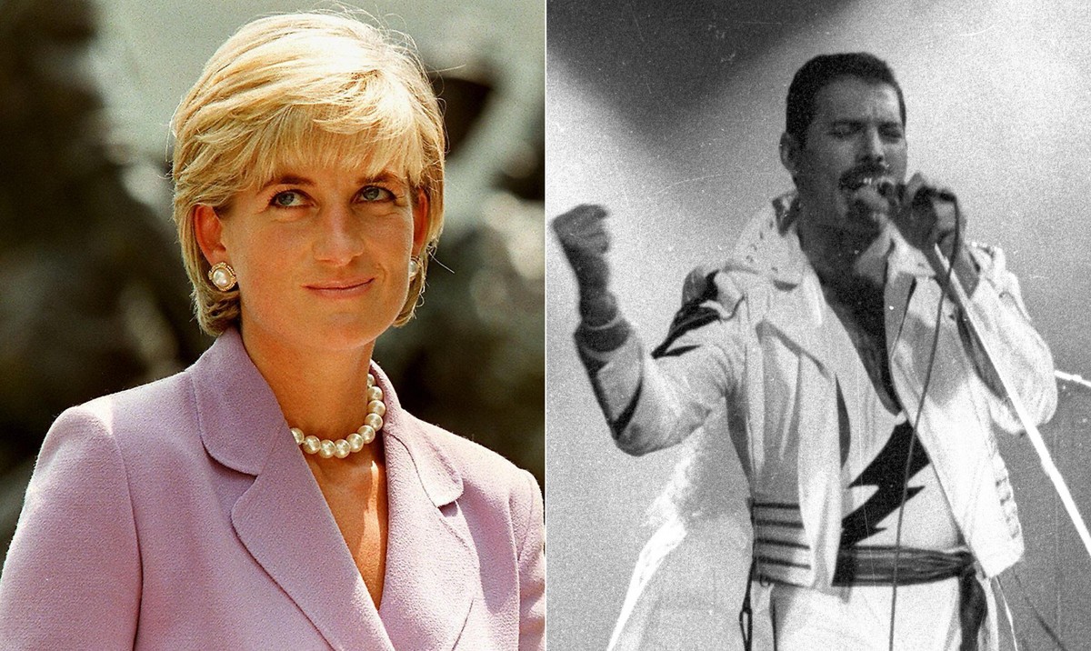 Princesa Diana em 1997 e Freddie Mercury no Rock in Rio de 1985 (Foto: AFP e Pinto / Agência O Globo)