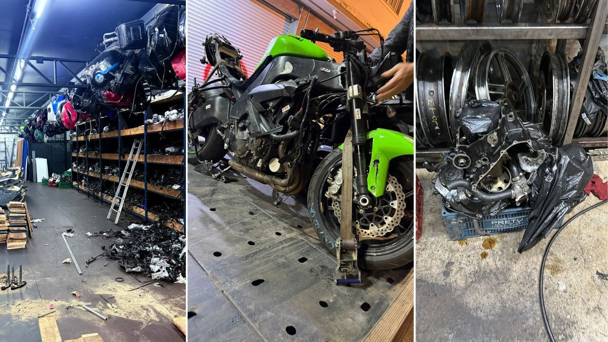Dentre itens apreendidos estão quatro motos roubadas ou furtadas, placas veiculares, centenas de peças e acessórios, aparelho inibidor de sinal e mais de R$ 9 mil em dinheiro (Foto: Divulgação/SSP-SP)