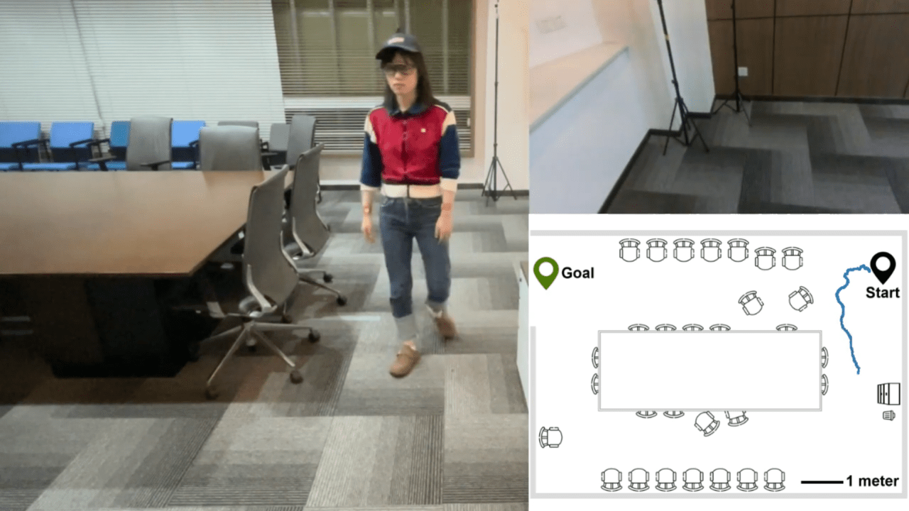 Teste do dispositivo em uma sala de conferência cheia. Um participante do estudo testa o dispositivo (à esquerda), que usa inteligência artificial para interpretar imagens de câmera (canto superior direito) e fornecer dicas de áudio para ajudar na navegação. (Foto: Tang et al., Nature Machine Intelligence)