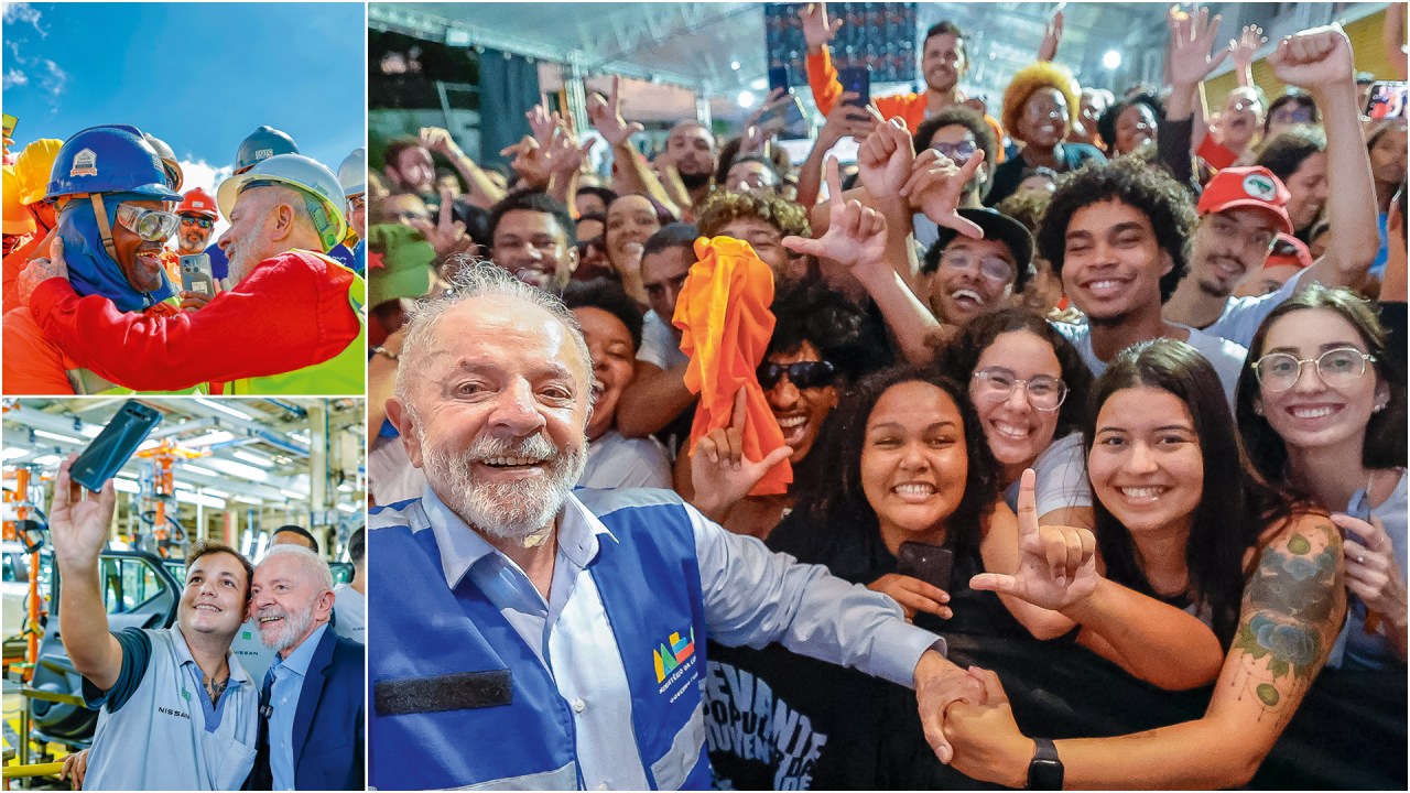 Petista na Nissan, em Resende (à esq. abaixo), na Via Dutra (no alto) e na UFF em Campos (à dir.), no Rio: defesa do governo de olho na reeleição (Foto: Ricardo Stuckert/PR)