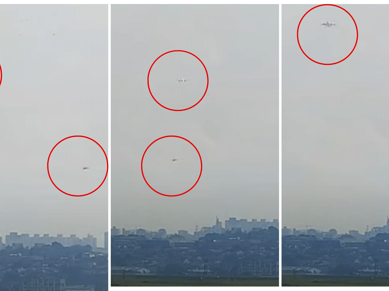 No vídeo, é possível ver o avião se aproximando do aeroporto, ao mesmo tempo em que o helicóptero cruza sua frente (Foto: Reprodução/YouTube)