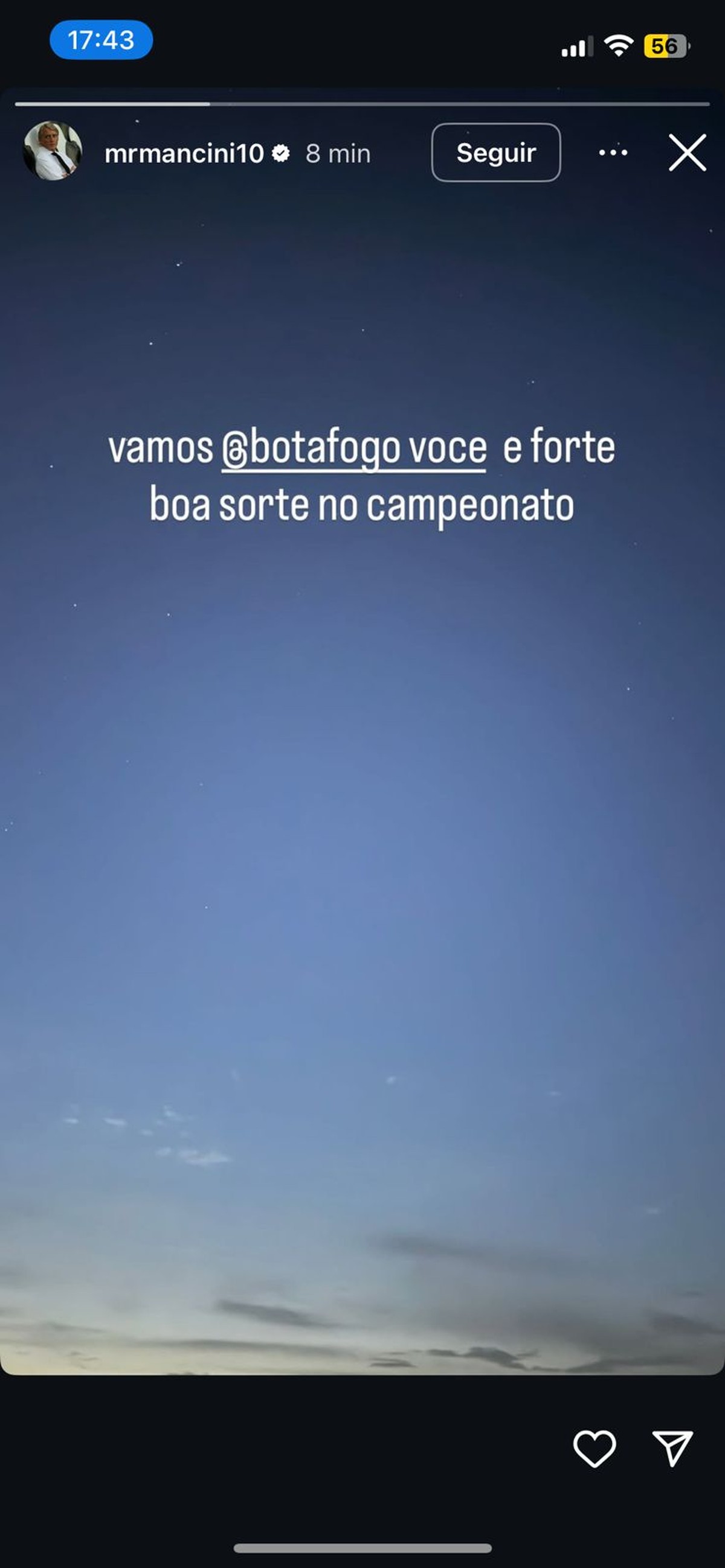 Roberto Mancini apoia Botafogo e exalta força do time em post nas redes sociais