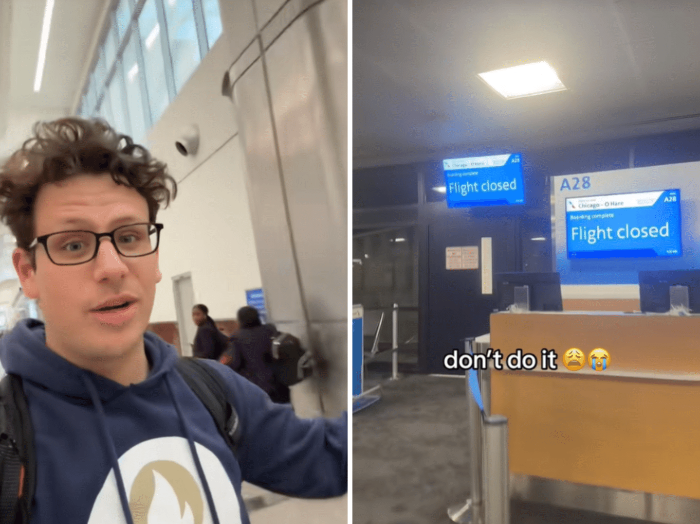 O influencer Michael DiConstanzo (esq.) e telas informando voo perdido da influencer Jenny Kurtz (dir.) (Foto: Reprodução/TikTok/@michael.dicostanzo e @jenny_kurtzz)