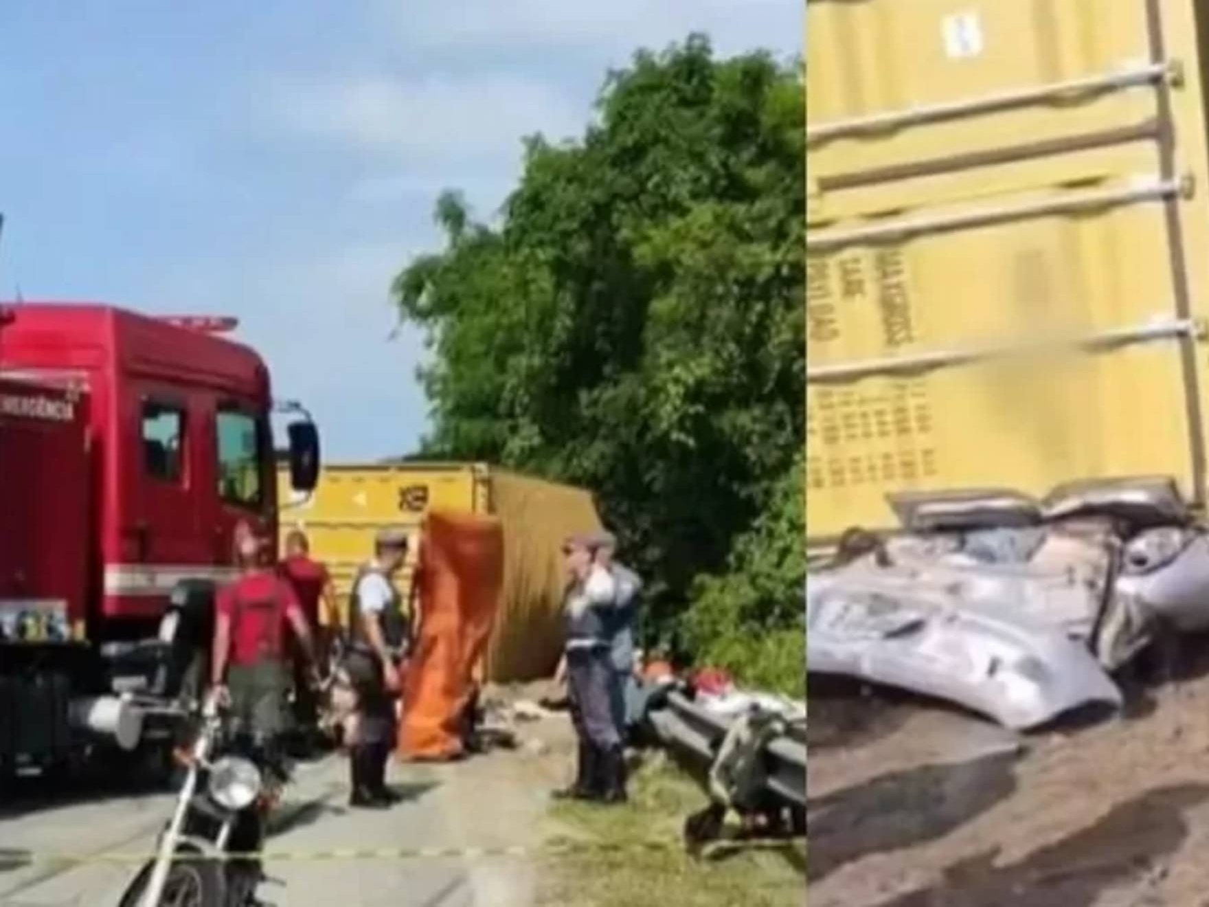 Container de caminhão esmagou carro das vítimas, que morreram no local (Foto: Reprodução de vídeos)