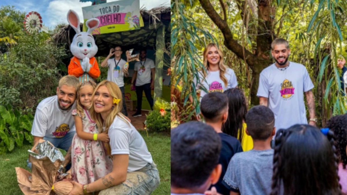 Virgínia Fonseca e o cantor Zé Felipe decidiram celebrar a “Páscoa de Afeto”, levando alegria, brincadeiras e ovos de chocolate para cerca de 200 crianças do projeto social “Escolinha Levando Amor”, em Aparecida de Goiânia (GO). (Foto: Divulgação)