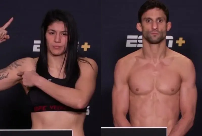 Ketlen Vieira e Allan Puro Osso durante pesagem do UFC Vegas 107. (Foto: Reprodução)
