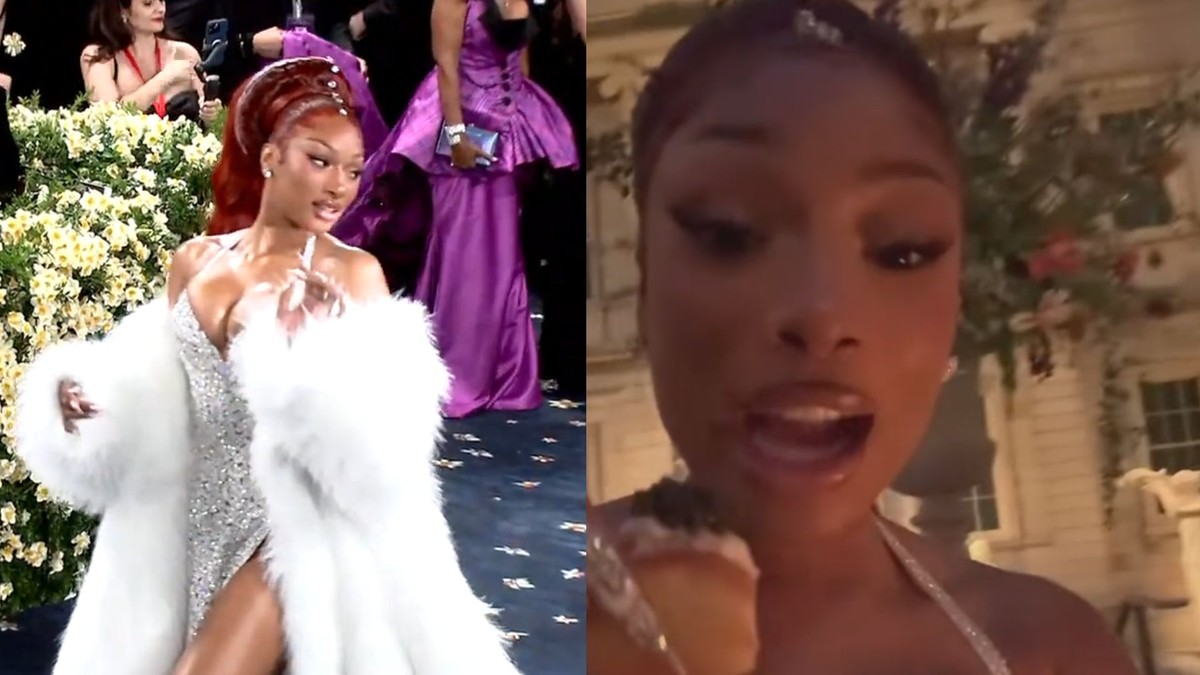Megan mostrou em seus vídeos os pratos servidos no Metropolitan Museum of Art, onde acontece o Met Gala, e os encontros com personalidades como Cynthia Erivo, Angela Bassett e Lupita Nyong’o. (Foto: Reprodução/Instagram)