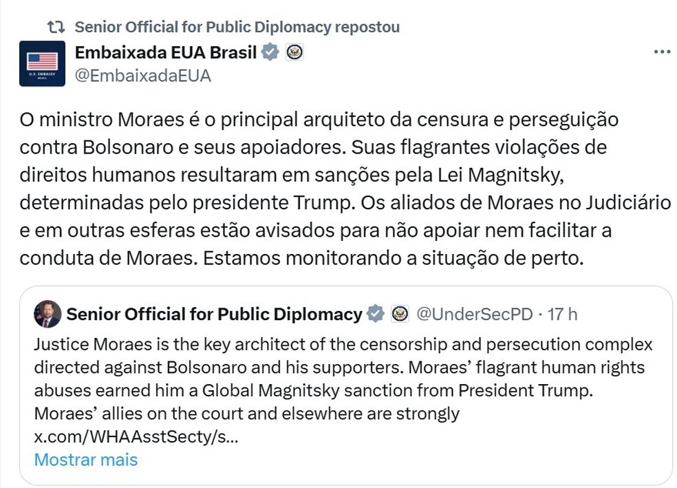 EUA alertam aliados de Moraes sobre possíveis consequências de suas ações