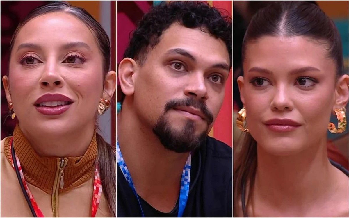 Renata, Vinícius e Vitória Strada estão no paredão do BBB 25 (Foto: Reprodução/TV Globo)