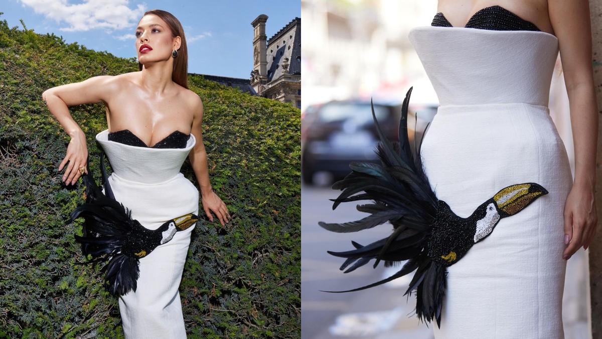 Beatriz Reis brilha na semana de moda em Paris com vestido de tucano brasileiro