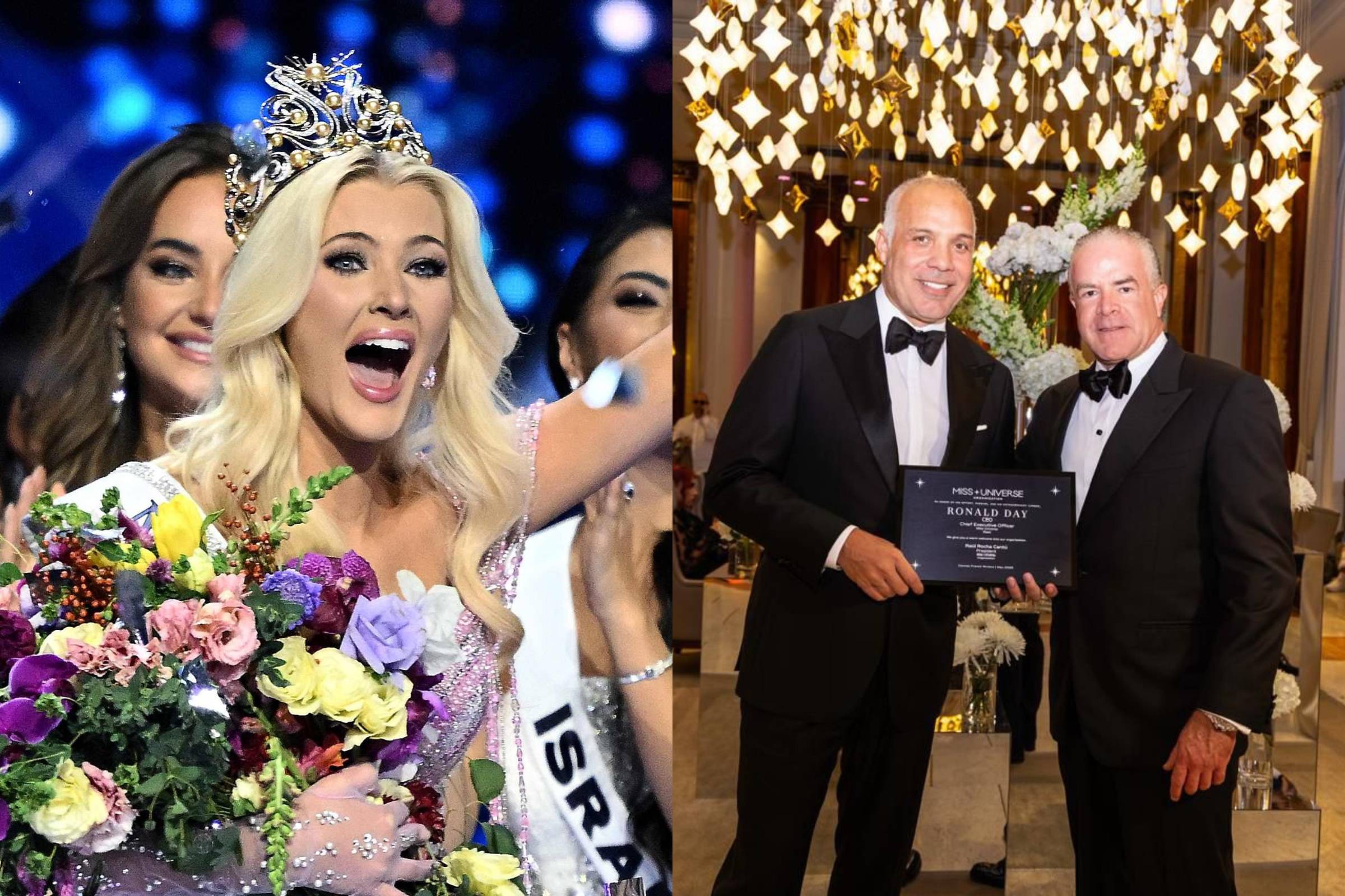 A dinamarquesa Victoria Kjaer, Miss Universo 2024, e os empresários Ronald Ray (esq.) e Raúl Rocha Cantu. (Foto: Carl de Souza/AFP e Divulgação)
