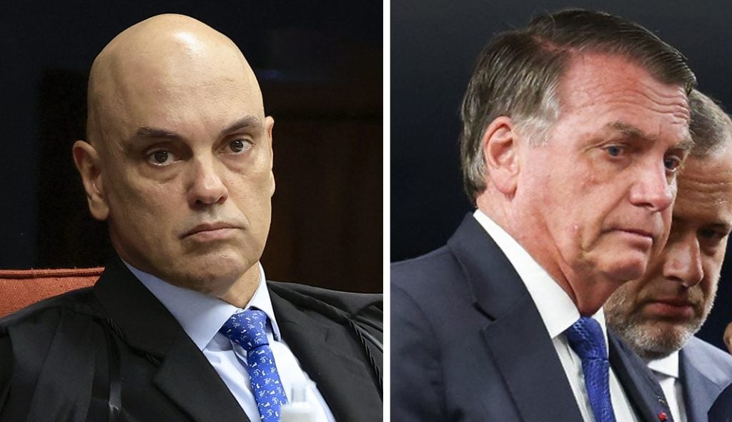 Alexandre de Moraes e Jair Bolsonaro em julgamento no Supremo Tribunal Federal (STF) em 25 de março de 2025. (Foto: Rosinei Coutinho/STF e STF/AFP)