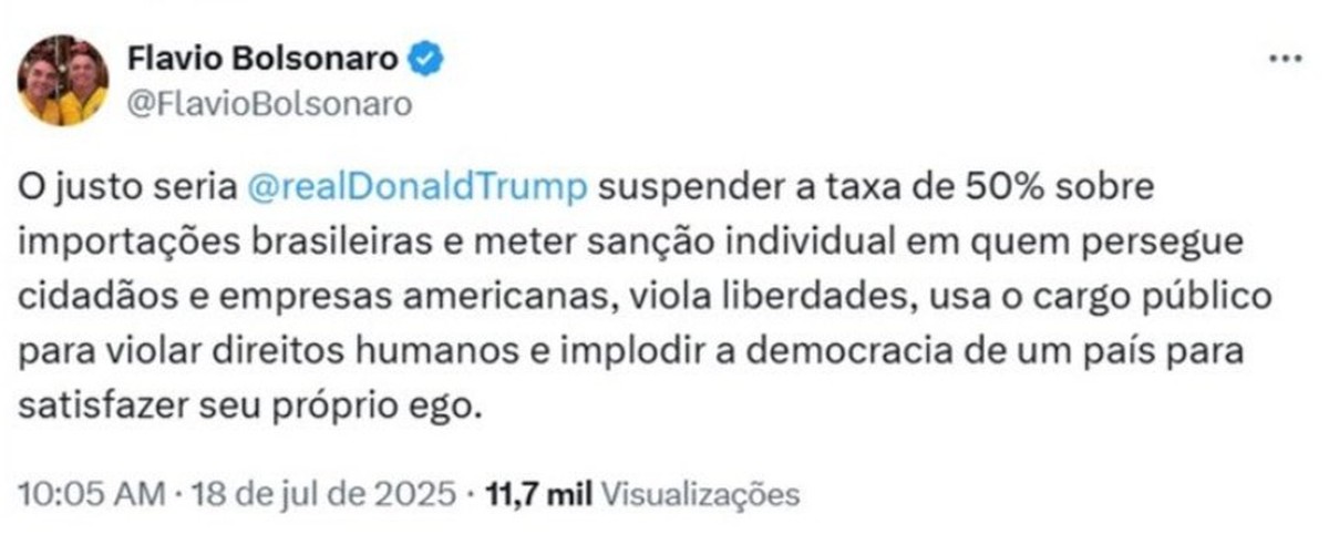 Flávio Bolsonaro sugere troca de tarifas por sanções, mas apaga mensagem rapidamente