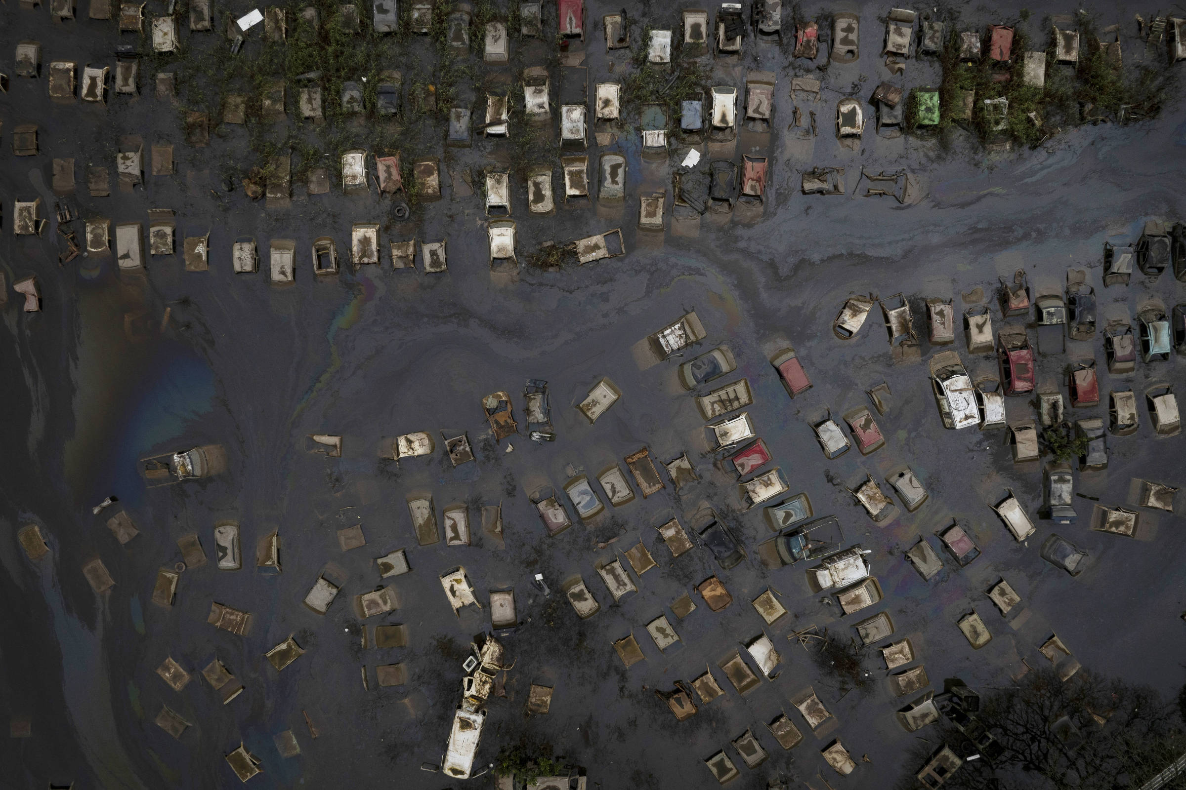 Carros no pátio do Detran de Porto Alegre cobertos pelas águas da inundação do lago Guaíba. (Foto: Bruno Santos/Folhapress)