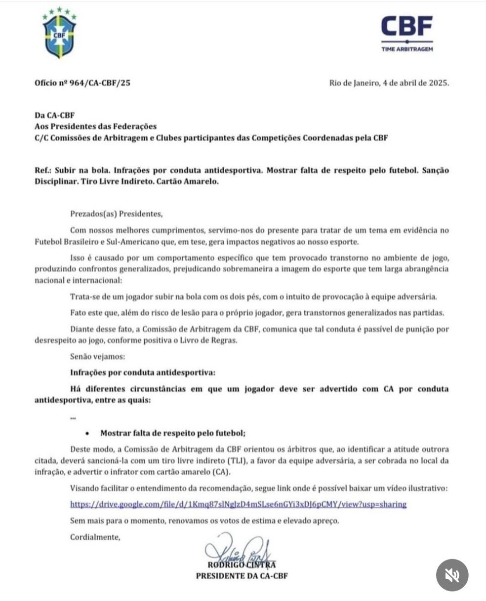 Ofício enviado pela CBF aos clubes sobre punição a jogadores que subirem na bola (Foto: Reprodução)