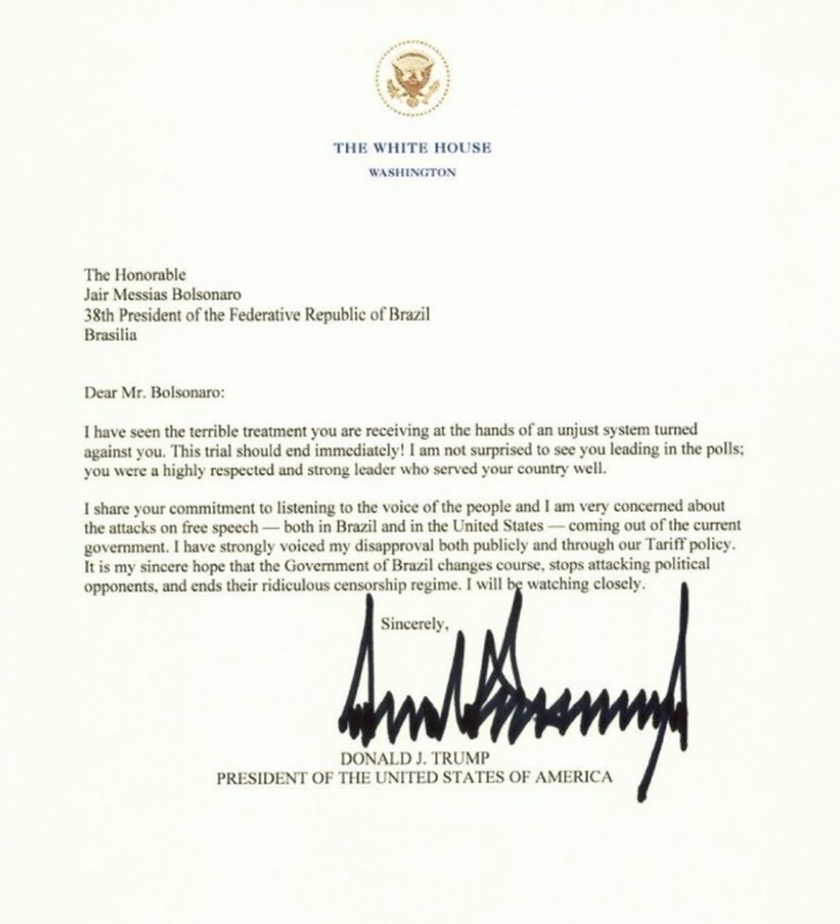 Trump critica STF em carta enviada a Bolsonaro e reafirma apoio ao ex-presidente
