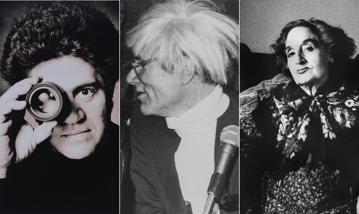 Almodóvar, por Paco Navarro, em 1988; Warhol, por Antonio Zafra em 1983, e a pintora Maruja Mallo, por Jaime Gorospe, em 1984 (Foto: Fotos de divulgação)