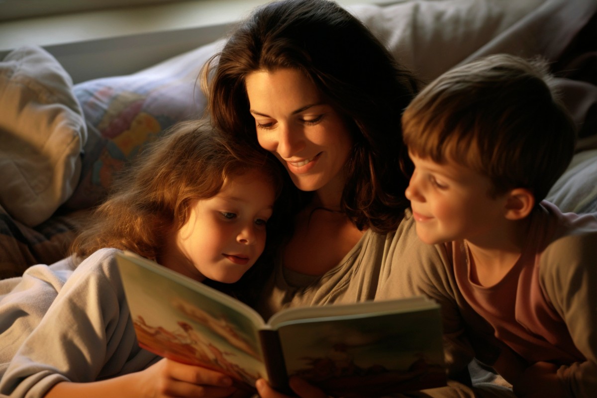 Mãe lê com filhos. (Foto: Freepik)