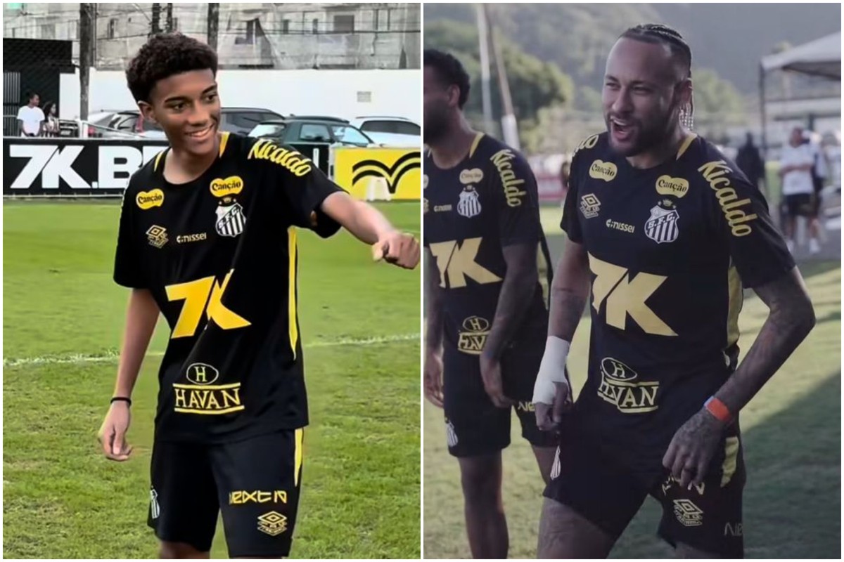 Filho de Robinho treina cobranças de falta com Neymar na base do Santos