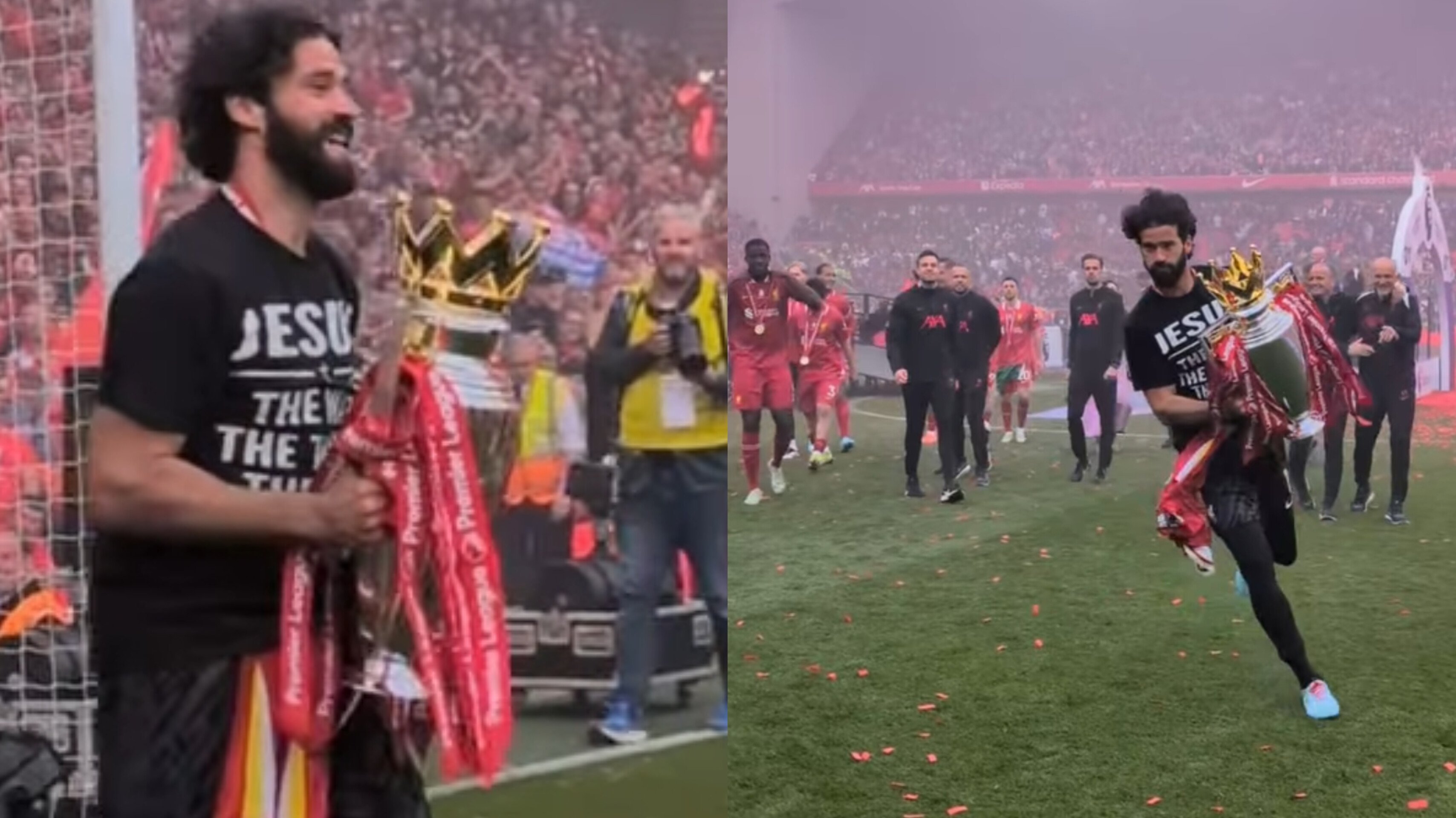 O goleiro do Liverpool comemorou o título vestindo uma mensagem evangelística. (Foto: Reprodução/Instagram/Liverpool/Instagram/Alisson Becker)