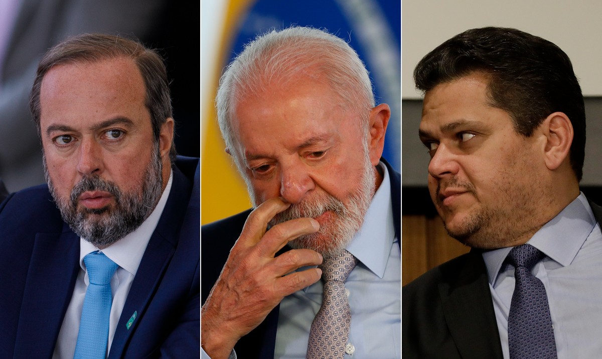 Da esquerda para a direita: o ministro de Minas e Energia, Alexandre Silveira; o presidente da República, Luiz Inácio Lula da Silva; e o dirigente do Senado Federal, Davi Alcolumbre (União Brasil/AP) (Foto: Brenno Carvalho/O Globo e Cristiano Mariz/O Globo)