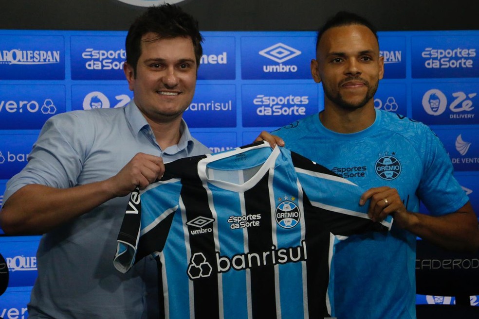 Braithwaite foi apresentado pelo Grêmio em 2 de agosto de 2024, na sala de imprensa do CT Luiz Carvalho (Foto: Gabriel Girardon)