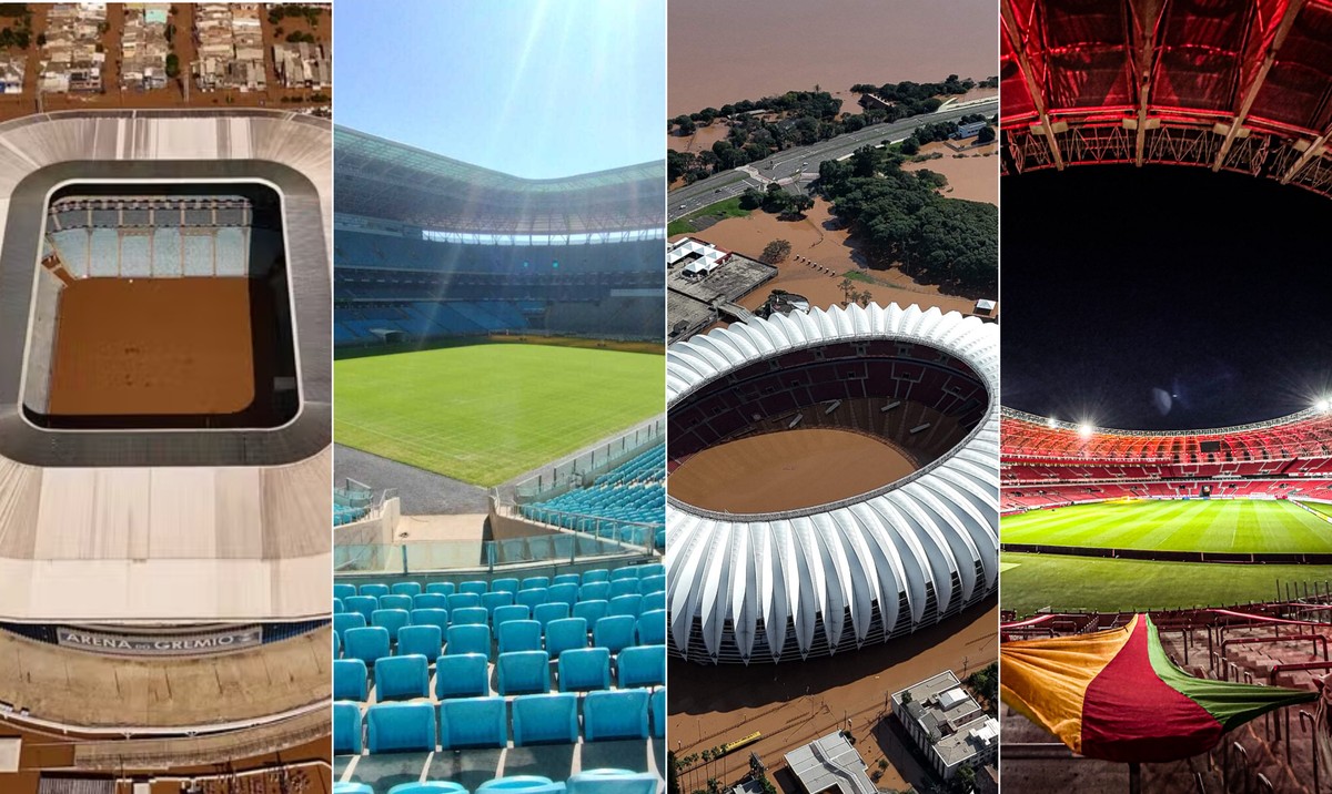 O antes e depois da Arena do Grêmio e do Beira-Rio, atingidos pelas enchentes de maio de 2024 (Foto: Fotos de divulgação e AFP)