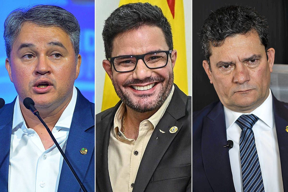 Da esquerda para a direita, o senador Efraim Filho (União Brasil-PB), o governador do Acre, Gladson Cameli (PP), e o senador Sergio Moro (União Brasil-PR), que disputam espaços nos seus estados (Foto: Felipe Gonçalves, Felipe Freire e Marlene Bergamo/Divulgação e Folhapress)