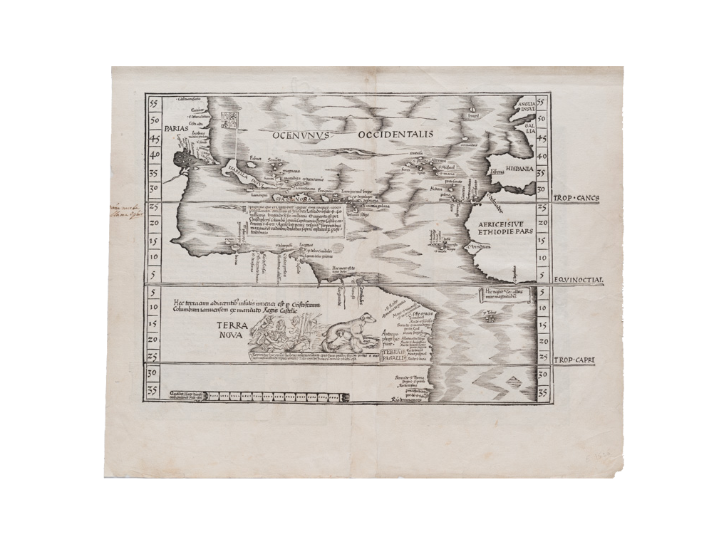 Mapa do Almirante, do cartógrafo alemão Martin Waldseemüller, que confirmou o nome do Novo Continente como América: xilogravura, exemplar de 1522"