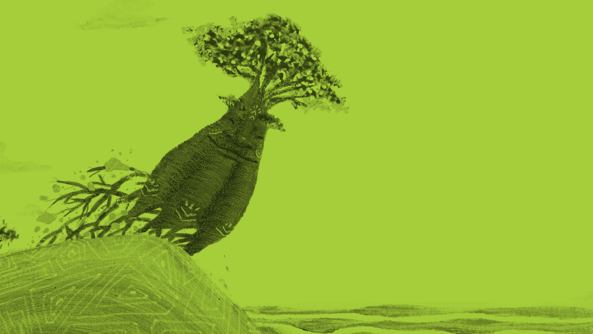 Desenho de uma árvore sobre um relevo na beira do mar. A imagem tem um filtro verde.
