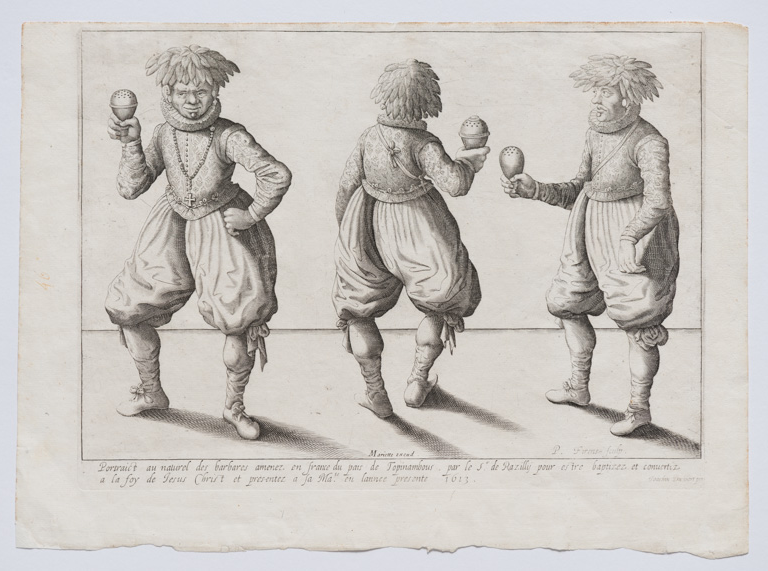 Nesta segunda gravura (que faz par com a anterior) o título original diz: "Retrato ao natural dos bárbaros trazidos para a França do país d tupinambás pelo Senhor de Razilly para seren batizados e convertidos à fé de Jesus Cristo e depois apresentados à Sua Majestade, o Rei, neste presente ano de 1613"