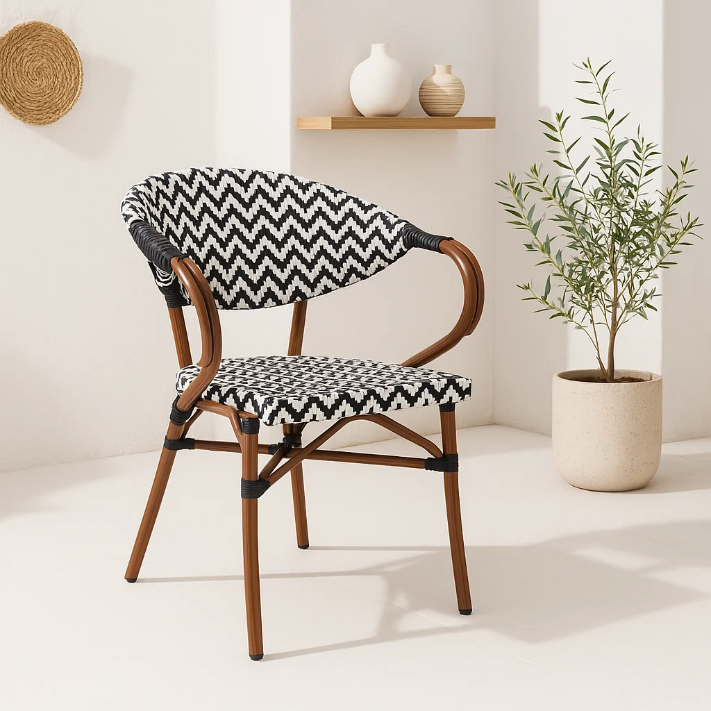 Silla Bistro Parisina Rattan con reposabrazos - Blanca con negro