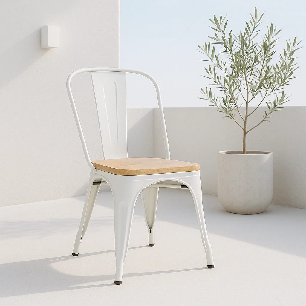 Silla Tolix con asiento de madera clara - Blanca