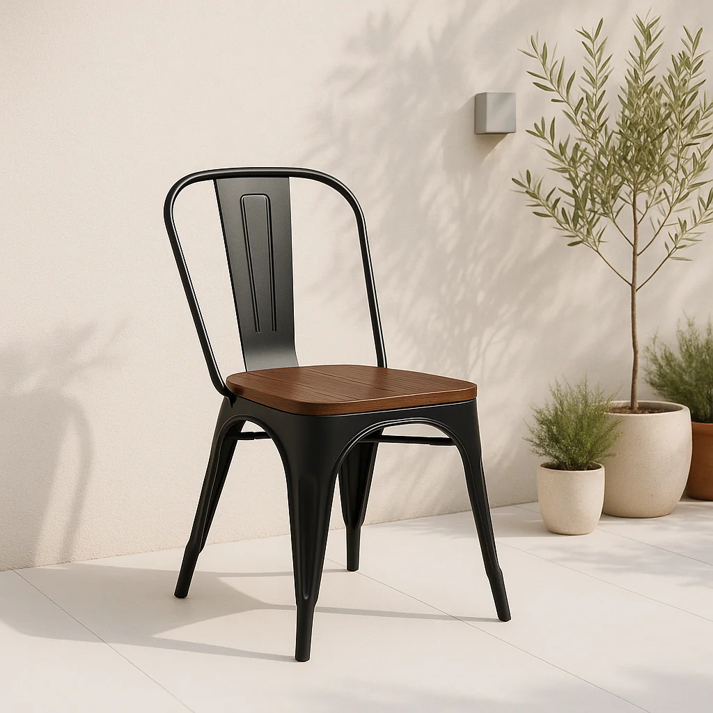 Silla Tolix Asiento de Madera Oscura - Negra